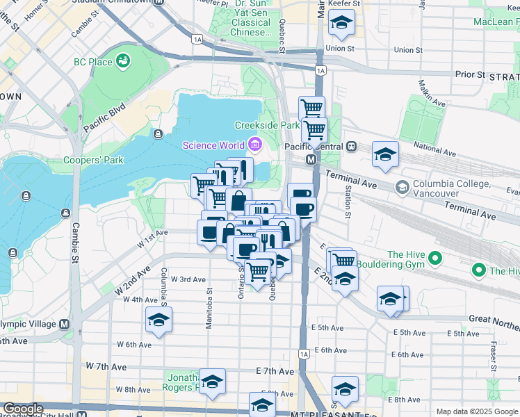 map of restaurants, bars, coffee shops, grocery stores, and more near 1672 Pullman Porter Street in Vancouver