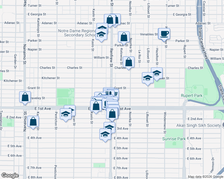 map of restaurants, bars, coffee shops, grocery stores, and more near 2890 Grant Street in Vancouver
