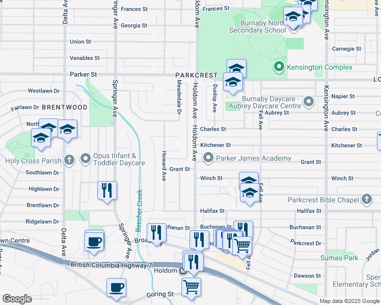 map of restaurants, bars, coffee shops, grocery stores, and more near 1451 Holdom Avenue in Burnaby