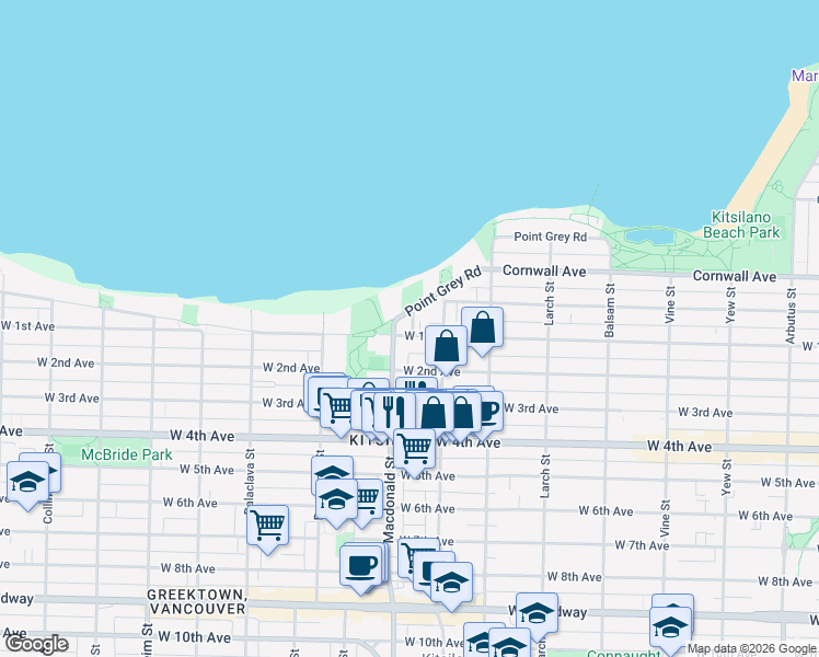 map of restaurants, bars, coffee shops, grocery stores, and more near 2769 West 1st Avenue in Vancouver