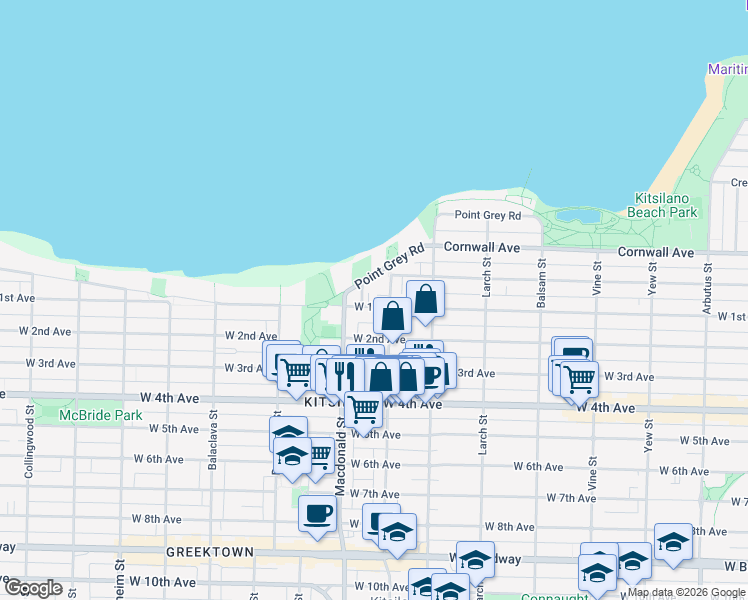 map of restaurants, bars, coffee shops, grocery stores, and more near 2723 West 1st Avenue in Vancouver