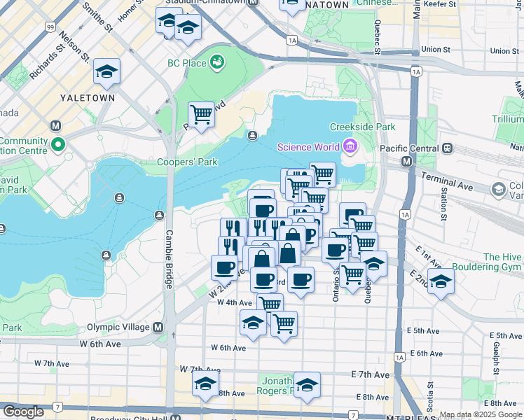 map of restaurants, bars, coffee shops, grocery stores, and more near 1618 Columbia Street in Vancouver