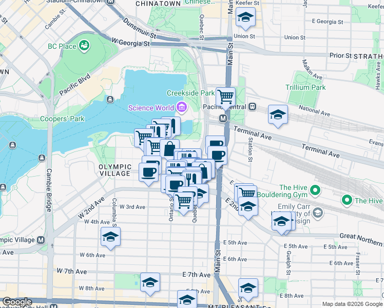 map of restaurants, bars, coffee shops, grocery stores, and more near 82 Switchmen Street in Vancouver