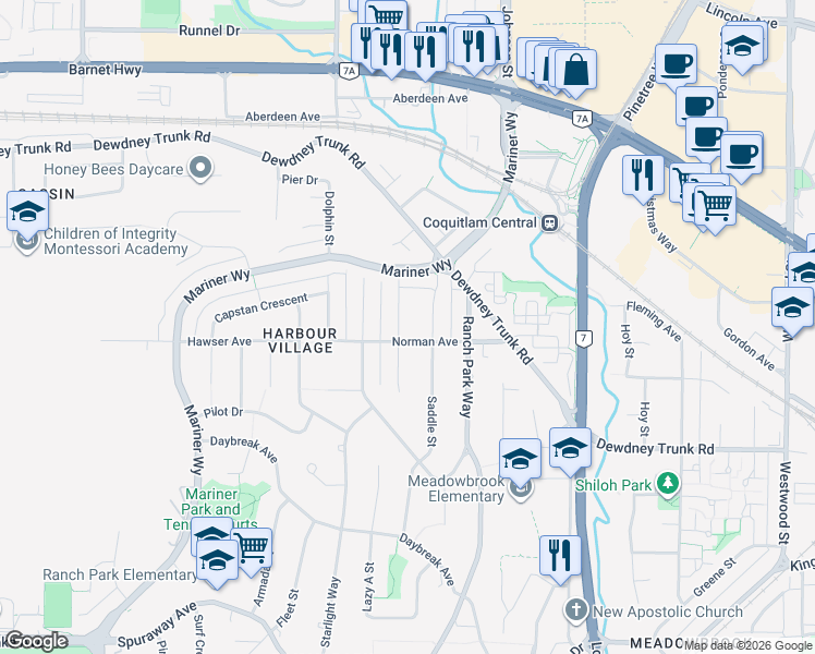 map of restaurants, bars, coffee shops, grocery stores, and more near 1017 Ogden Street in Coquitlam