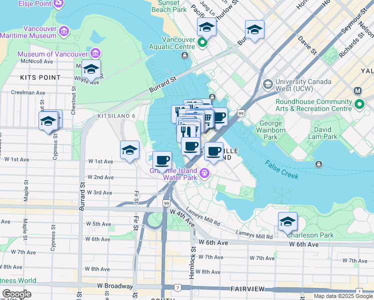 map of restaurants, bars, coffee shops, grocery stores, and more near 1815 Mast Tower Lane in Vancouver