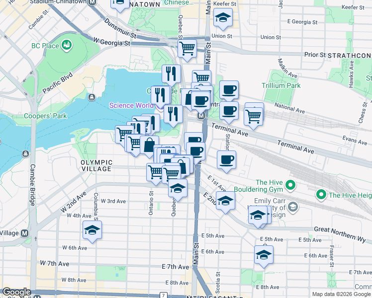 map of restaurants, bars, coffee shops, grocery stores, and more near 1618 Quebec Street in Vancouver