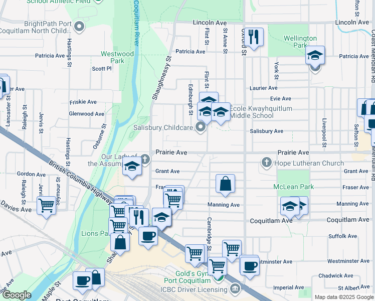 map of restaurants, bars, coffee shops, grocery stores, and more near 2139 Prairie Avenue in Port Coquitlam
