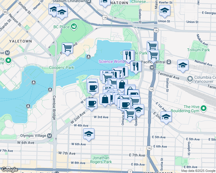 map of restaurants, bars, coffee shops, grocery stores, and more near 1625 Manitoba Street in Vancouver