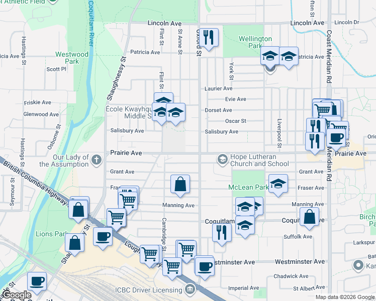 map of restaurants, bars, coffee shops, grocery stores, and more near 1941 Prairie Avenue in Port Coquitlam