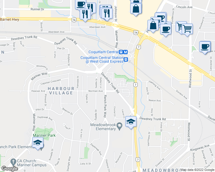 map of restaurants, bars, coffee shops, grocery stores, and more near 1021 Ranch Park Way in Coquitlam
