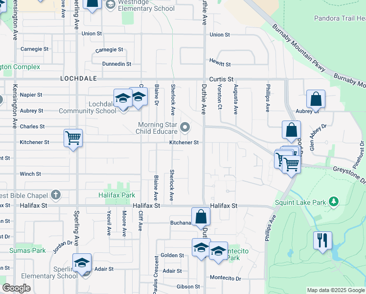 map of restaurants, bars, coffee shops, grocery stores, and more near 7130 Kitchener Street in Burnaby