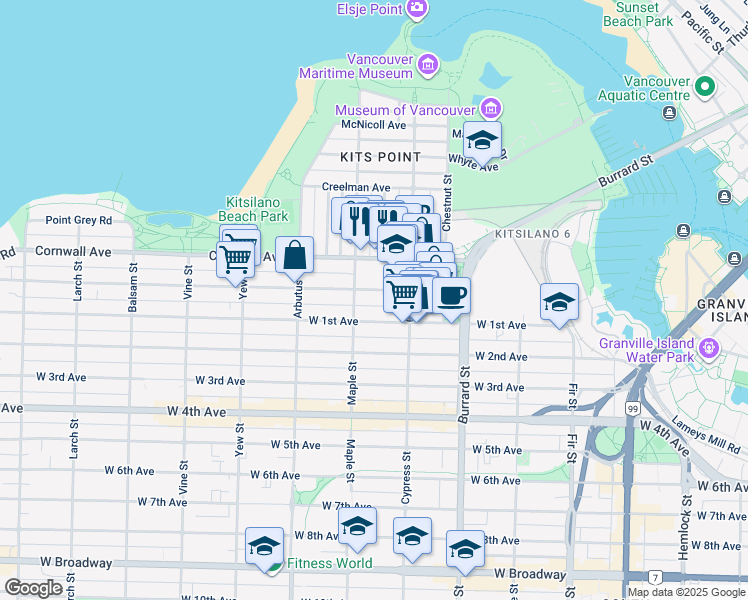 map of restaurants, bars, coffee shops, grocery stores, and more near 1966 York Avenue in Vancouver