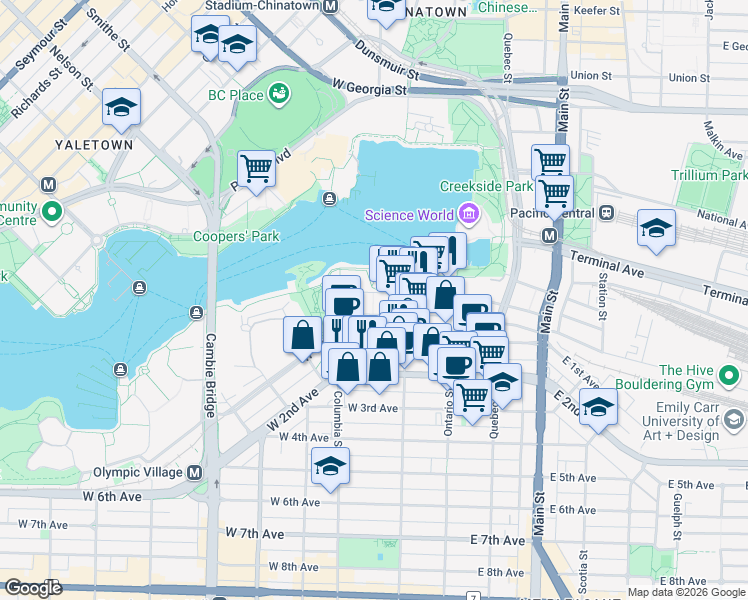 map of restaurants, bars, coffee shops, grocery stores, and more near 1693 Manitoba Street in Vancouver