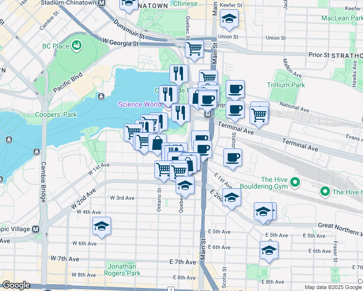 map of restaurants, bars, coffee shops, grocery stores, and more near 81 Switchmen Street in Vancouver