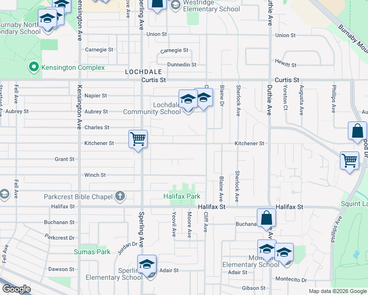 map of restaurants, bars, coffee shops, grocery stores, and more near 6921 Kitchener Street in Burnaby