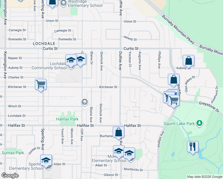map of restaurants, bars, coffee shops, grocery stores, and more near 7164 Kitchener Street in Burnaby