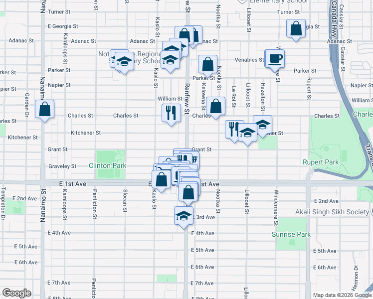 map of restaurants, bars, coffee shops, grocery stores, and more near Grant Street in Metro Vancouver