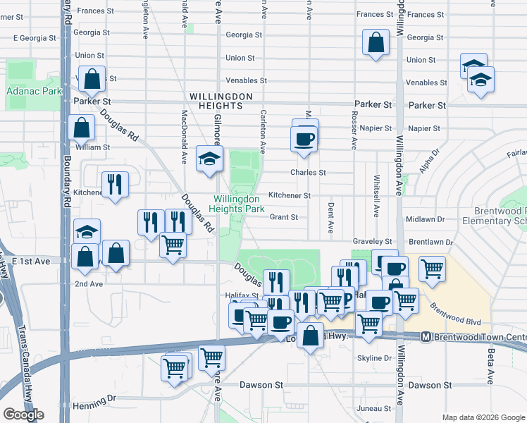 map of restaurants, bars, coffee shops, grocery stores, and more near 4225 Grant Street in Burnaby