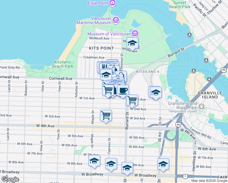 map of restaurants, bars, coffee shops, grocery stores, and more near 1878 York Avenue in Vancouver