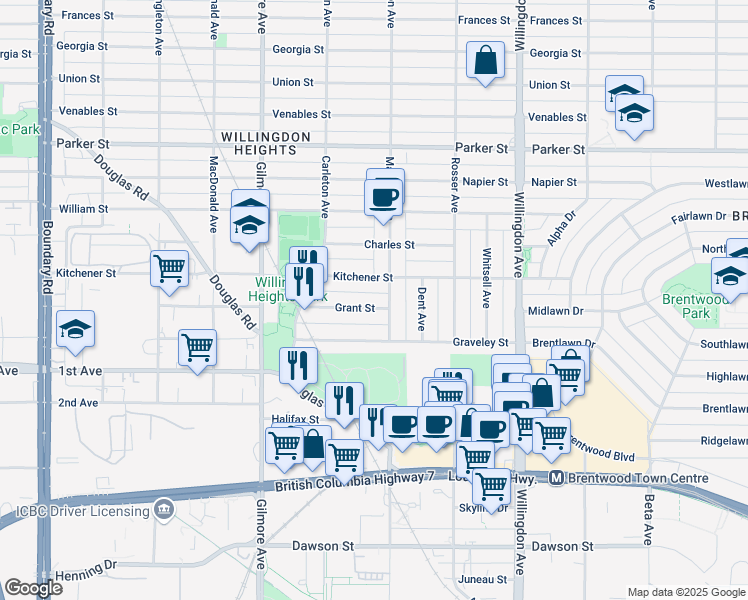map of restaurants, bars, coffee shops, grocery stores, and more near 4265 Grant Street in Burnaby