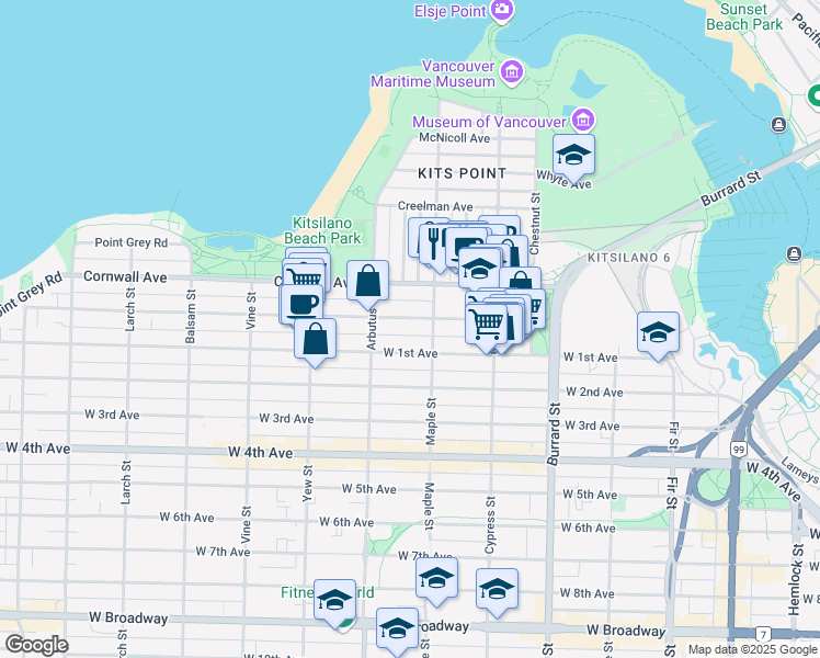 map of restaurants, bars, coffee shops, grocery stores, and more near 2036 York Avenue in Vancouver