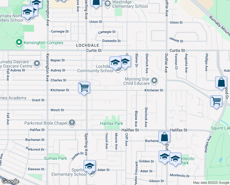 map of restaurants, bars, coffee shops, grocery stores, and more near 6932 Kitchener Street in Burnaby