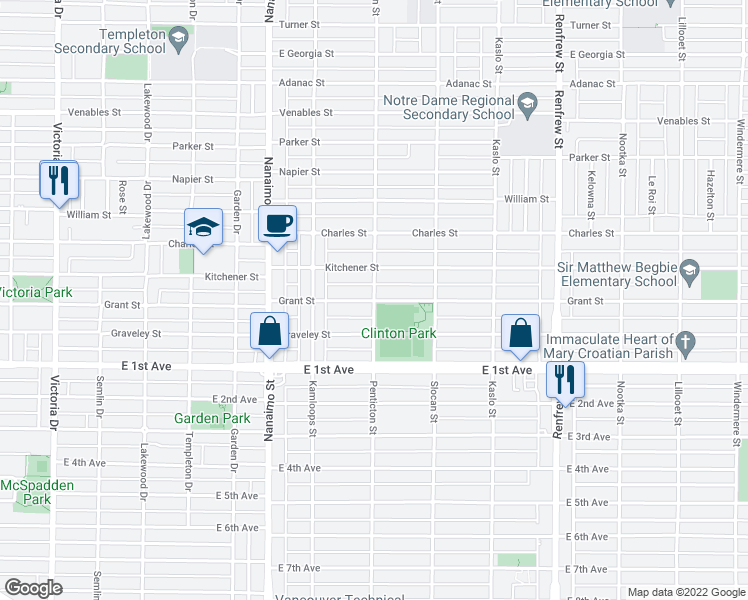 map of restaurants, bars, coffee shops, grocery stores, and more near Grant Street in Vancouver