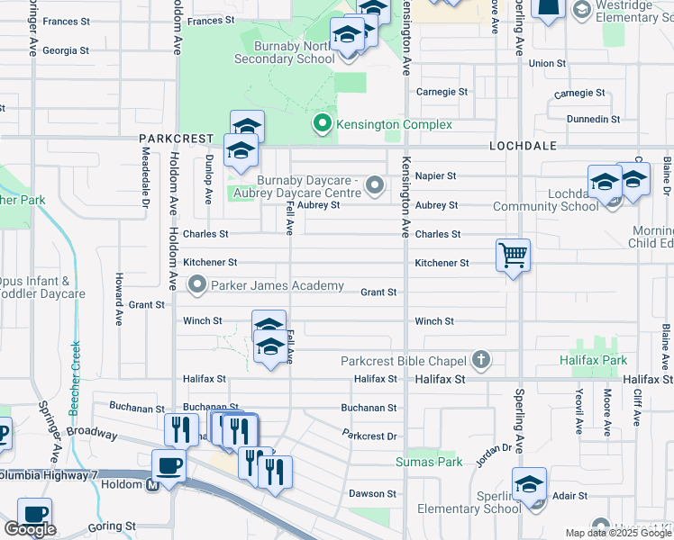 map of restaurants, bars, coffee shops, grocery stores, and more near 6250 Kitchener Street in Burnaby