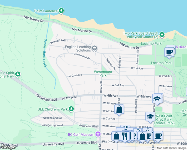 map of restaurants, bars, coffee shops, grocery stores, and more near 4722 West 2nd Avenue in Vancouver
