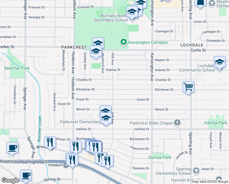 map of restaurants, bars, coffee shops, grocery stores, and more near 6110 Kitchener Street in Burnaby