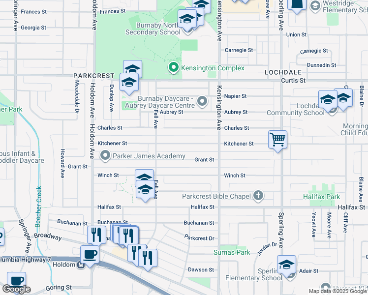 map of restaurants, bars, coffee shops, grocery stores, and more near 6262 Kitchener Street in Burnaby