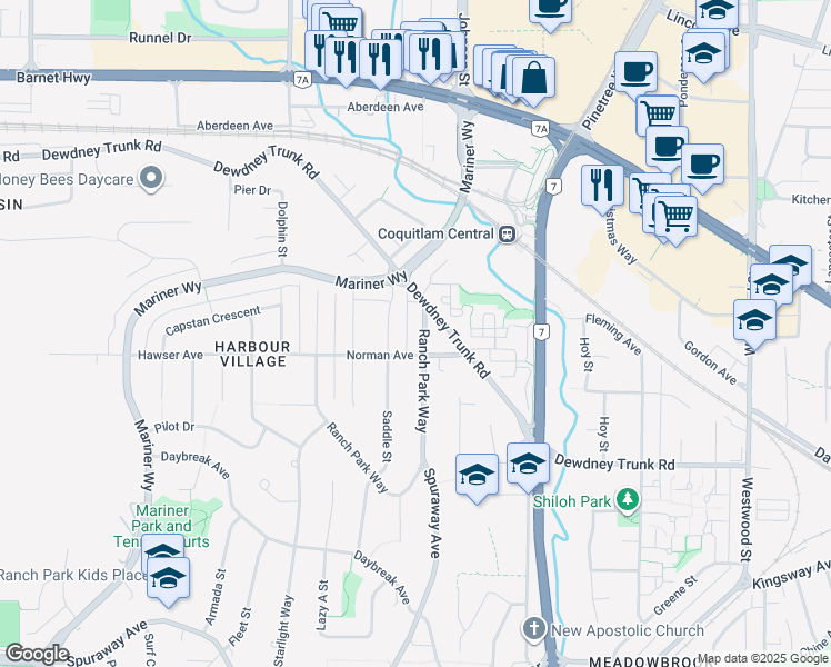 map of restaurants, bars, coffee shops, grocery stores, and more near 1022 Ranch Park Way in Coquitlam