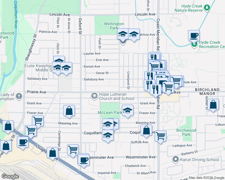 map of restaurants, bars, coffee shops, grocery stores, and more near 1745 Prairie Avenue in Port Coquitlam