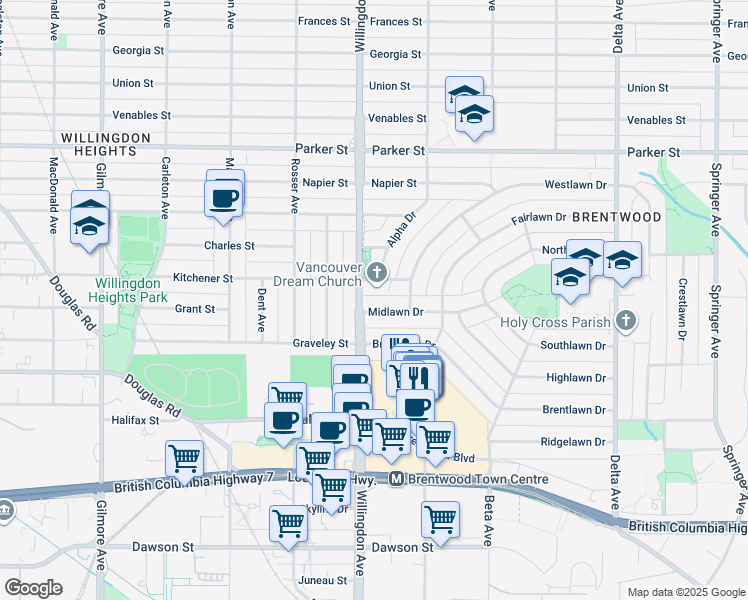 map of restaurants, bars, coffee shops, grocery stores, and more near in Burnaby