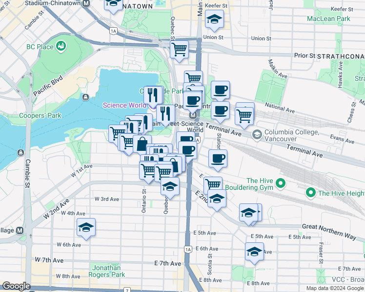 map of restaurants, bars, coffee shops, grocery stores, and more near 1455 Quebec Street in Vancouver