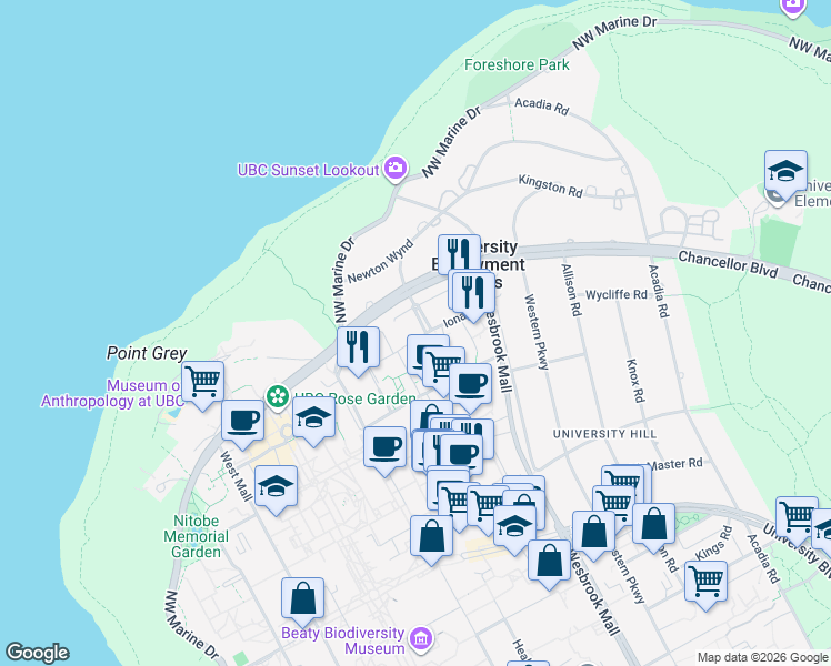 map of restaurants, bars, coffee shops, grocery stores, and more near in Vancouver
