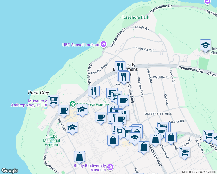 map of restaurants, bars, coffee shops, grocery stores, and more near 6015 Iona Drive in Vancouver