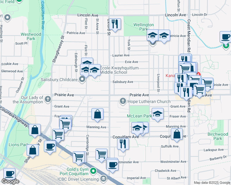 map of restaurants, bars, coffee shops, grocery stores, and more near 1869 Prairie Avenue in Port Coquitlam