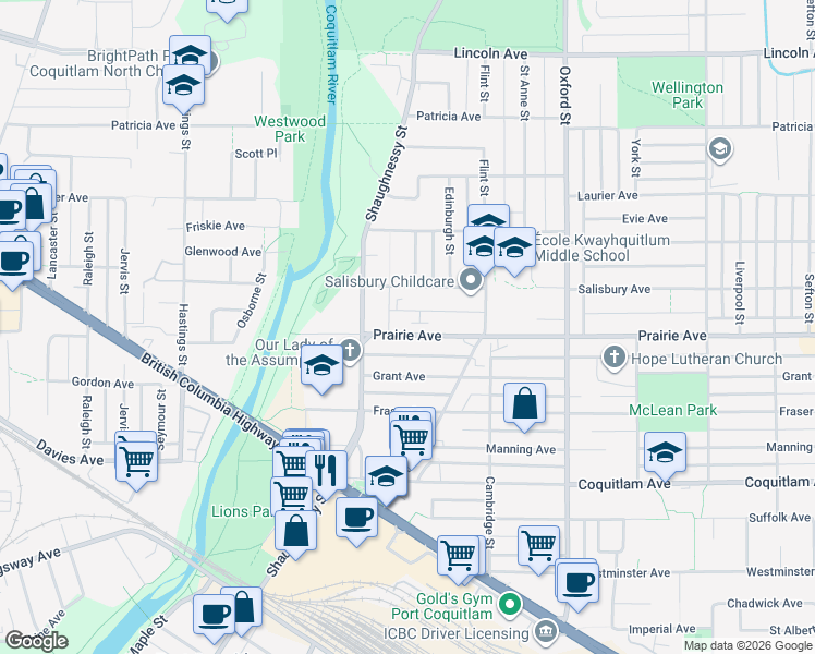 map of restaurants, bars, coffee shops, grocery stores, and more near 2155 Prairie Avenue in Port Coquitlam