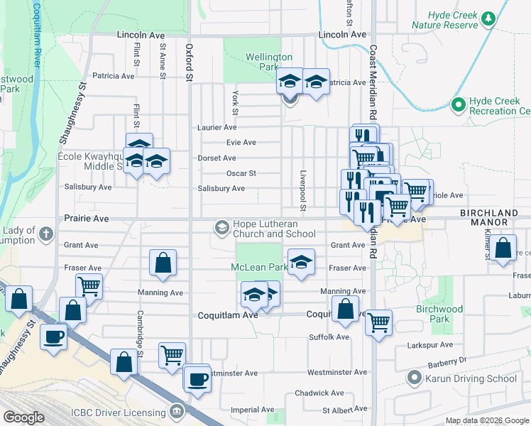 map of restaurants, bars, coffee shops, grocery stores, and more near 1745 Prairie Avenue in Port Coquitlam