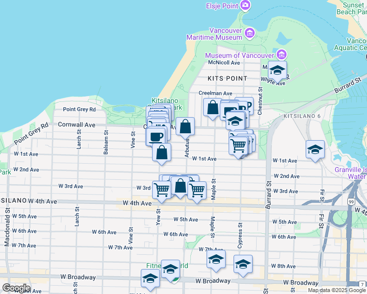 map of restaurants, bars, coffee shops, grocery stores, and more near 2110 York Avenue in Vancouver