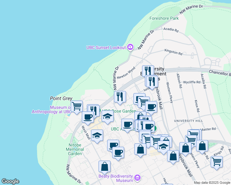map of restaurants, bars, coffee shops, grocery stores, and more near 6035 Northwest Marine Drive in Vancouver