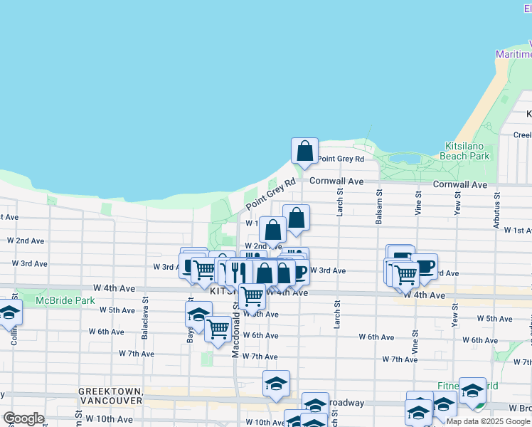 map of restaurants, bars, coffee shops, grocery stores, and more near 1645 Stephens Street in Vancouver