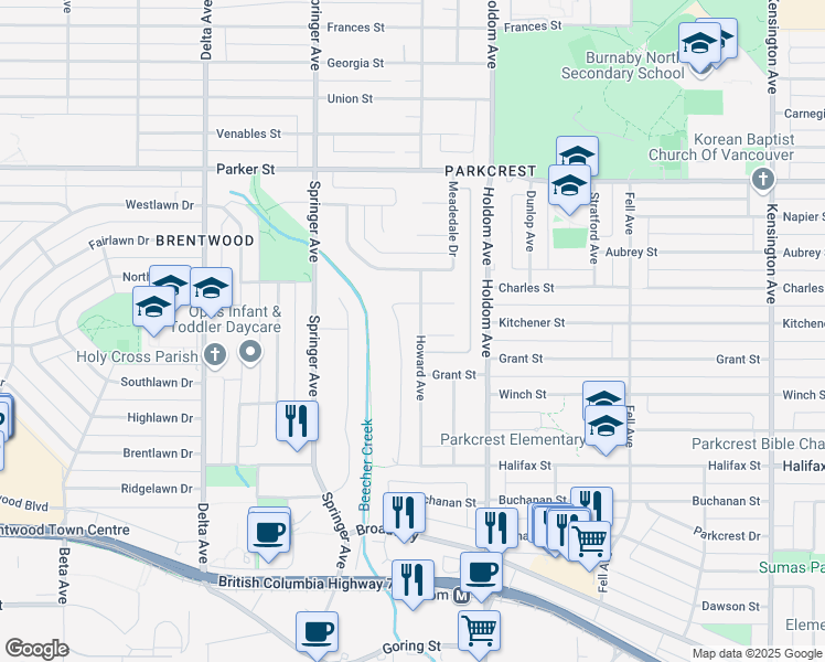 map of restaurants, bars, coffee shops, grocery stores, and more near 1421 Howard Avenue in Burnaby