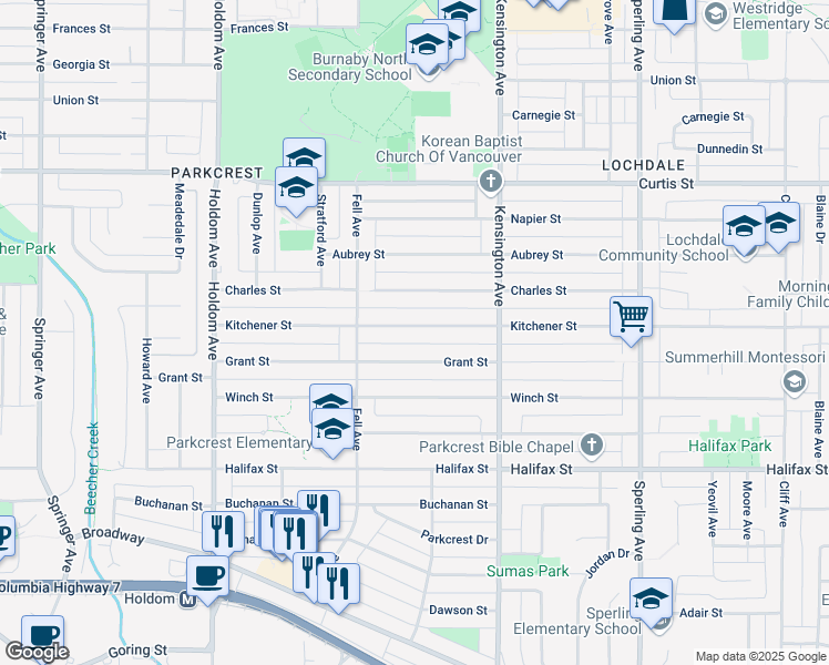 map of restaurants, bars, coffee shops, grocery stores, and more near 6244 Kitchener Street in Burnaby