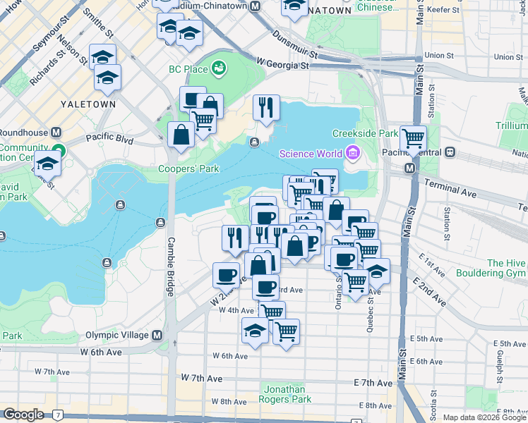map of restaurants, bars, coffee shops, grocery stores, and more near 1616 Columbia Street in Vancouver