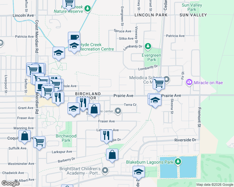 map of restaurants, bars, coffee shops, grocery stores, and more near 1121 Prairie Avenue in Port Coquitlam