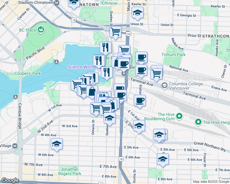 map of restaurants, bars, coffee shops, grocery stores, and more near 1618 Quebec Street in Vancouver