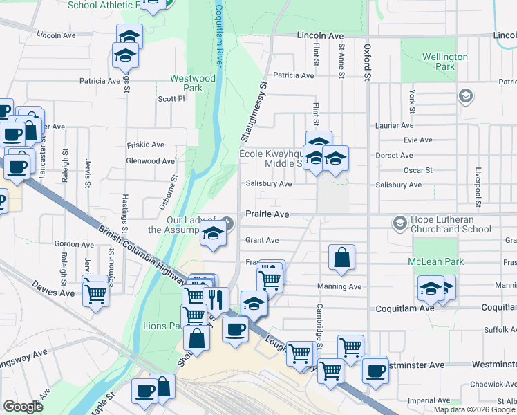 map of restaurants, bars, coffee shops, grocery stores, and more near 2165 Prairie Avenue in Port Coquitlam