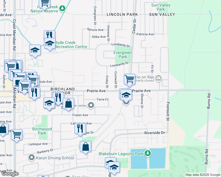 map of restaurants, bars, coffee shops, grocery stores, and more near 1021 Prairie Avenue in Port Coquitlam